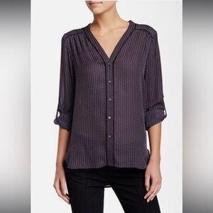 Vince Silk Navy Blue Red Geo Print Long Sleeve Button Down V Neck Blouse